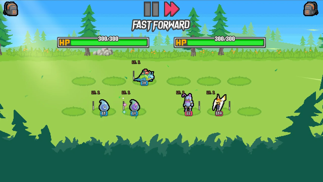 Two Batomon teams face each other on a grassy battlefield, with one HP bar above each side and playback controls at the top.