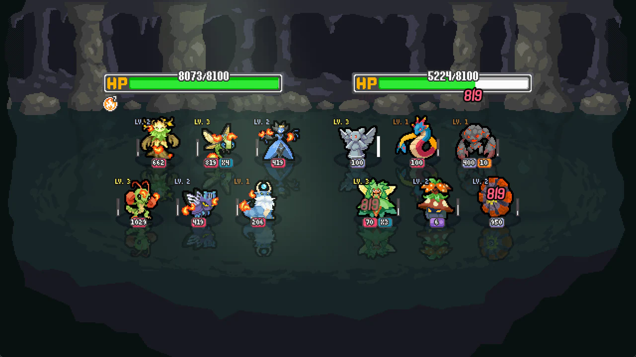 Two full six-Batomon teams fight in a cave while level labels, status icons, and damage numbers appear.