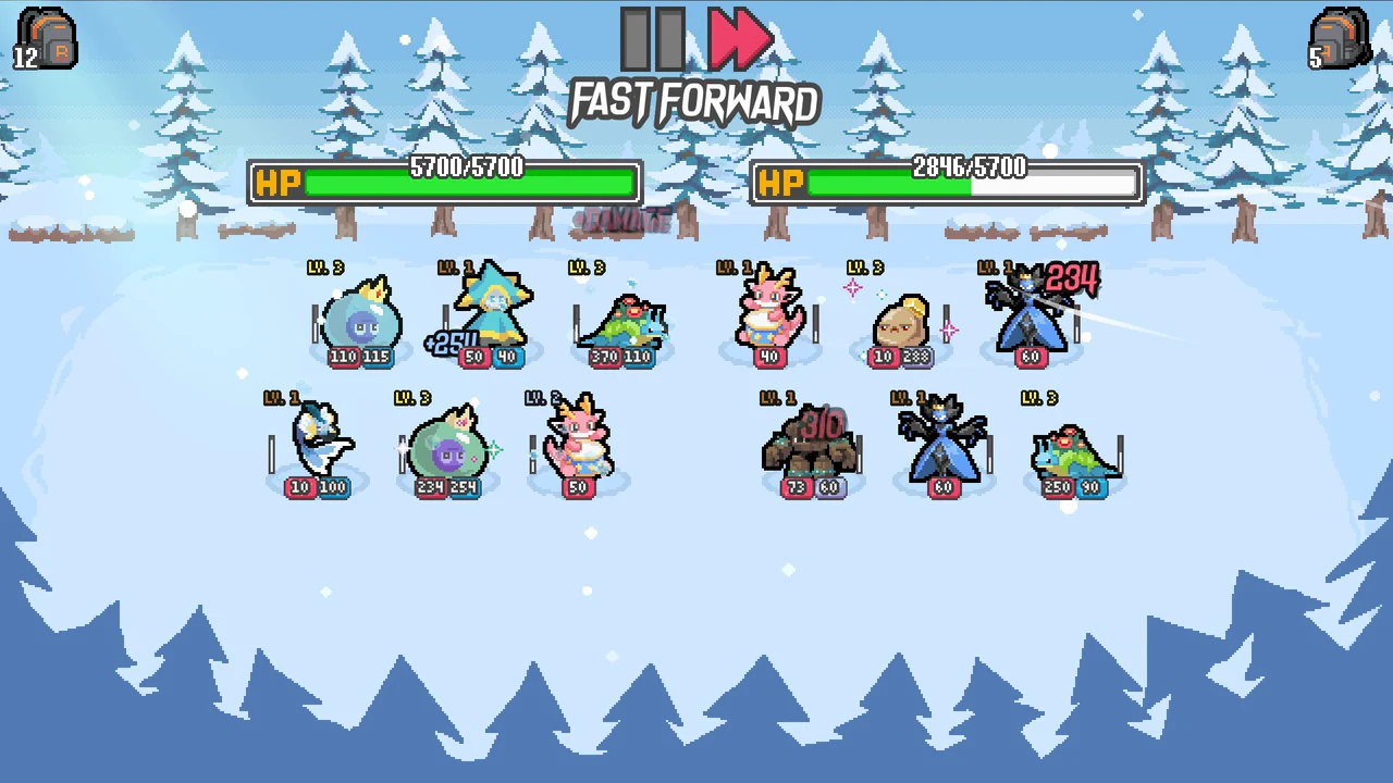 Two full Batomon teams fighting on a snowy battlefield, with fast-forward controls and shared HP bars above them.