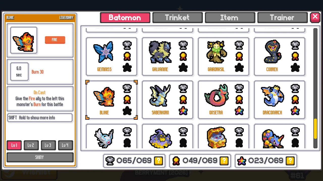 The collection screen shows Batomon, Trinket, Item, and Trainer tabs beside a detailed Blixie card.