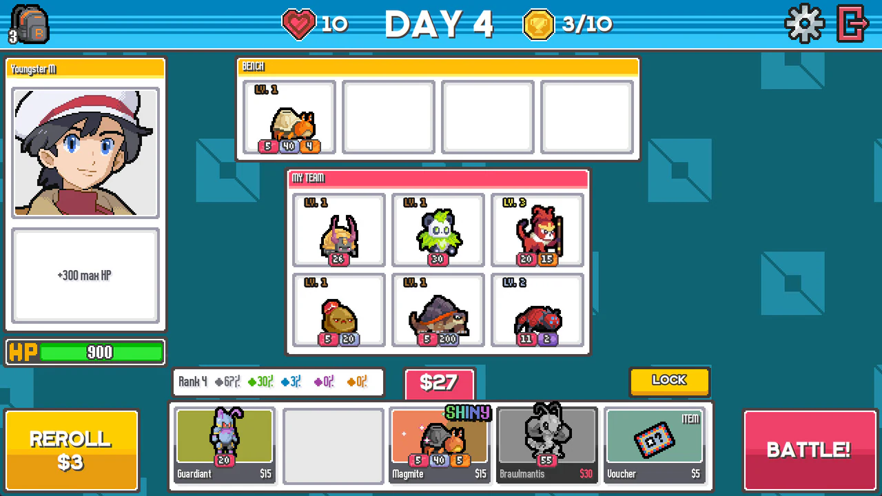 A shop screen with gold, reroll and lock controls, rarity odds, a bench, and a six-slot team board.