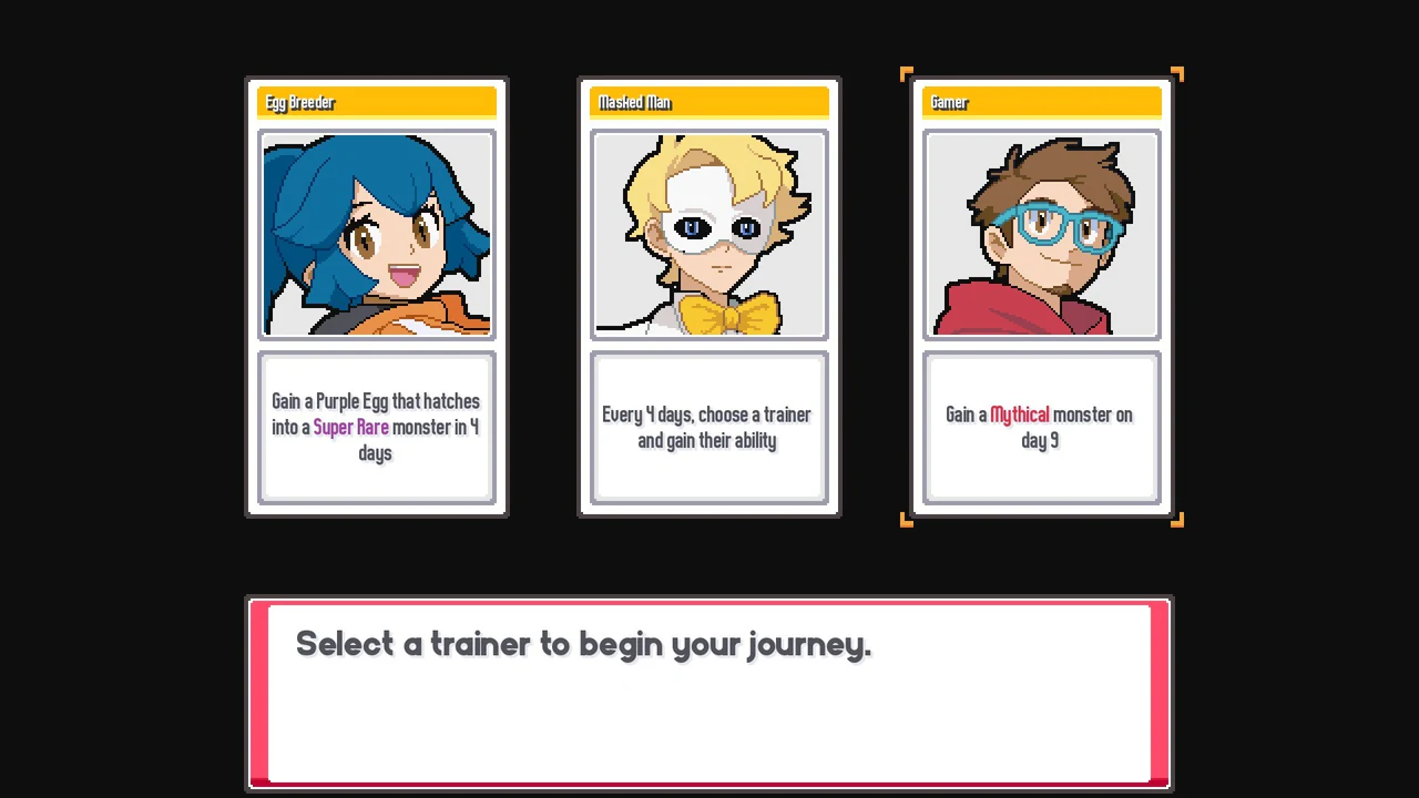 The trainer selection screen showing Egg Breeder, Masked Man, and Gamer as three choices before a run begins.