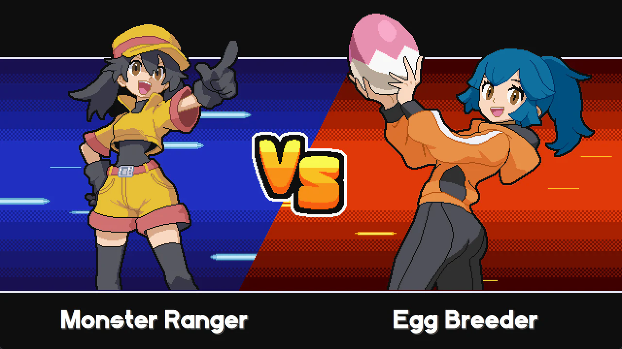 A versus screen shows the Monster Ranger trainer facing the Egg Breeder trainer before a battle.